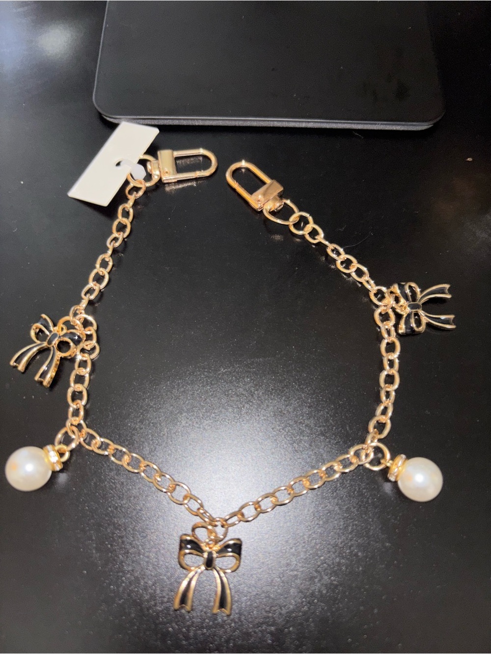 Gold-Tone Bow Charm Key & Card Holder with Faux Pearl Accents